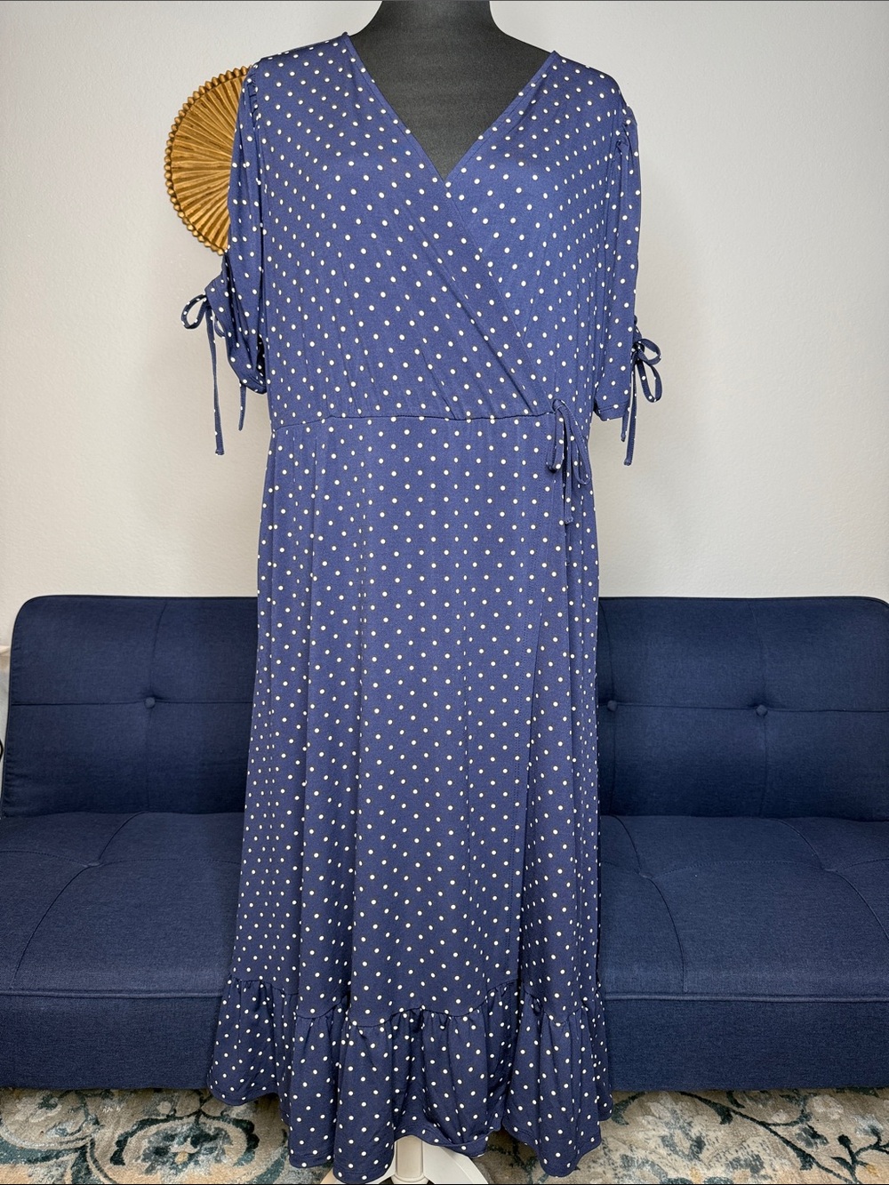 Talbots Blue Plus size 2 Polka Dot Faux Wrap Short Sleeve V-neck Midi Dress